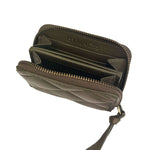 Open olive green leather zip wallet with card slots and centre compartment